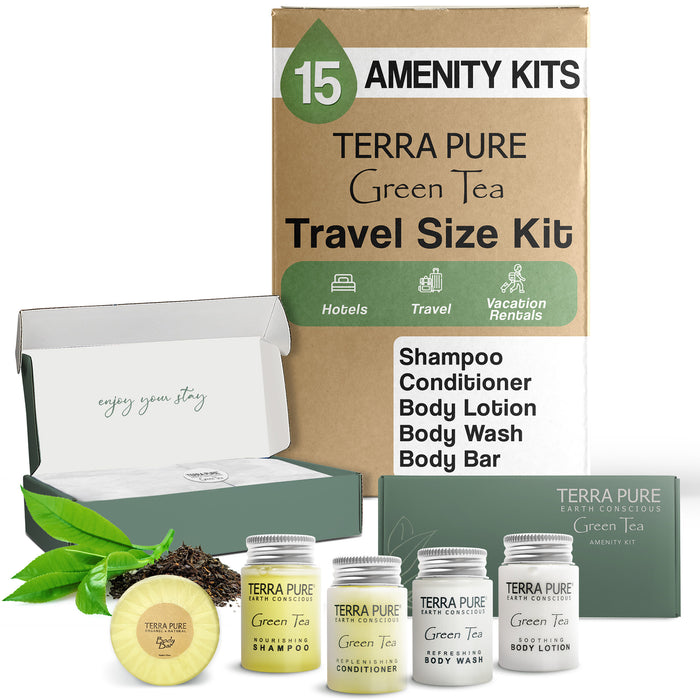 Terra Pure Gree Tea Amenity Kit | Boxed Hotel Toiletries | Bulk Set 1oz Travel Size Shampoo, Conditioner, Lotion, Body Wash & Body Bar Soap for Guest Hospitality AirBnB/Vacation Rentals | 15 sets/case