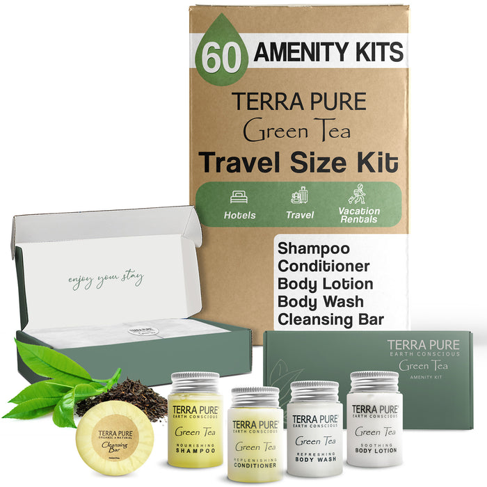 Terra Pure Gree Tea Amenity Kit | Boxed Hotel Toiletries | Bulk Set 1oz Travel Size Shampoo, Conditioner, Lotion, Body Wash & Body Bar Soap for Guest Hospitality AirBnB/Vacation Rentals | 60 sets/case