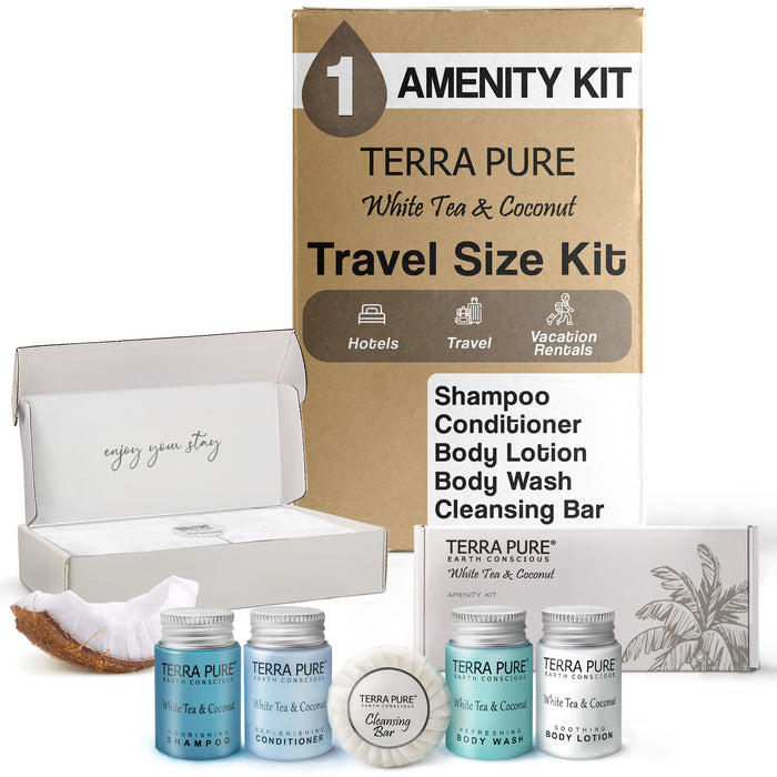 Terra Pure White Tea and Coconut Amenity Kit | Hotel Toiletries | 1oz Travel Size Shampoo, Conditioner, Lotion, Body Wash & Cleansing Bar for Guest Hospitality AirBnB/Vacation Rentals | 1 set/case