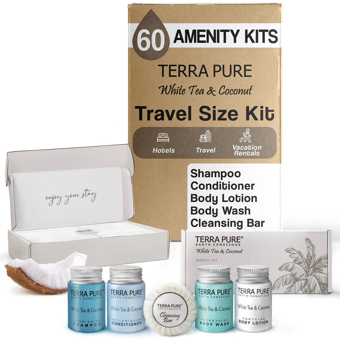 Terra Pure White Tea and Coconut Amenity Kit | Hotel Toiletries | Bulk Set 1oz Travel Size Shampoo, Conditioner, Lotion, Body Wash & Cleansing Bar for Guest Hospitality Vacation Rentals | 60 sets/case