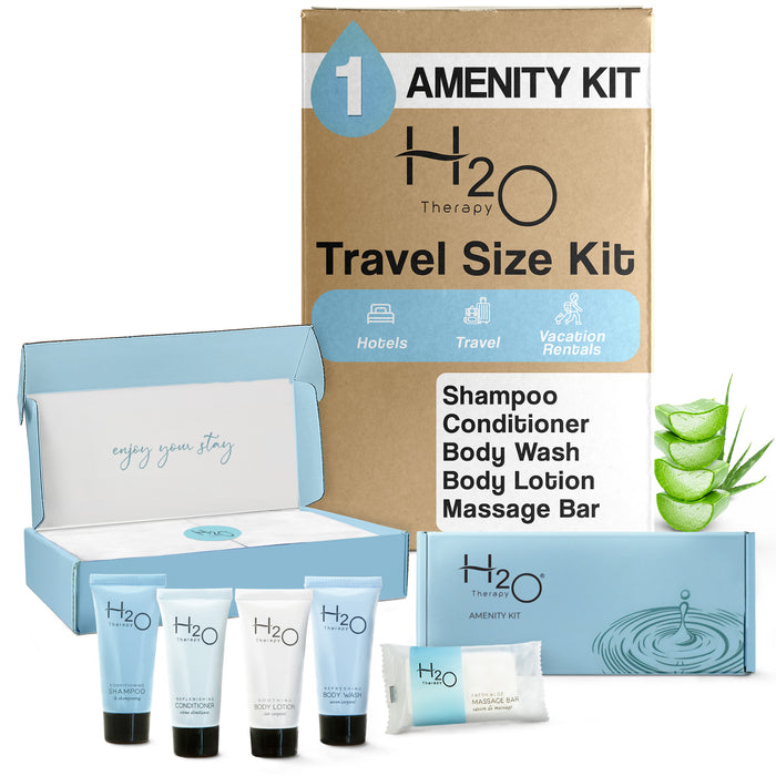 H2O Therapy Amenity Kit | Boxed Hotel Toiletries | Bulk Set 0.85 oz Travel Size Shampoo, Conditioner, Lotion, Body Wash & Body Bar Soap for Guest Hospitality AirBnB/Vacation Rentals | 1 set per case