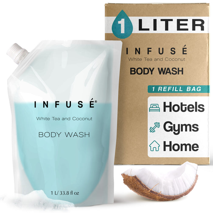 INFUSÉ 1 Liter Body Wash Refill Bag For Soap Dispensers | Bulk Toiletries for Vacation Rentals, and Home Bathroom Showers | White Tea and Coconut | Set of 12
