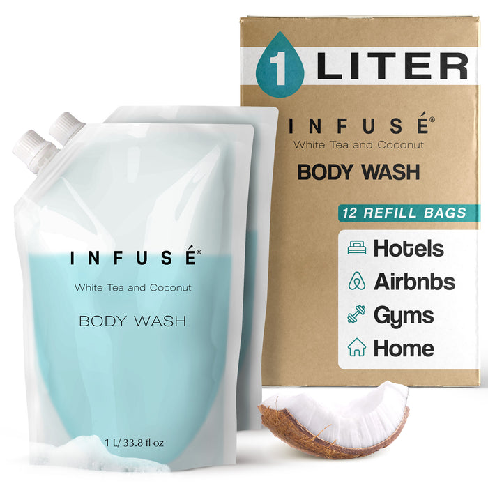INFUSÉ 1 Liter Body Wash Refill Bag For Soap Dispensers | Bulk Toiletries for Vacation Rentals, and Home Bathroom Showers | White Tea and Coconut | Single