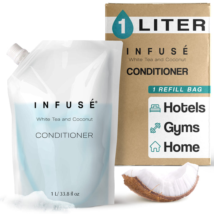 INFUSÉ 1 Liter Conditioner Refill Bag For Soap Dispensers | Bulk Toiletries for Vacation Rentals, and Home Bathroom Showers | White Tea and Coconut | Single