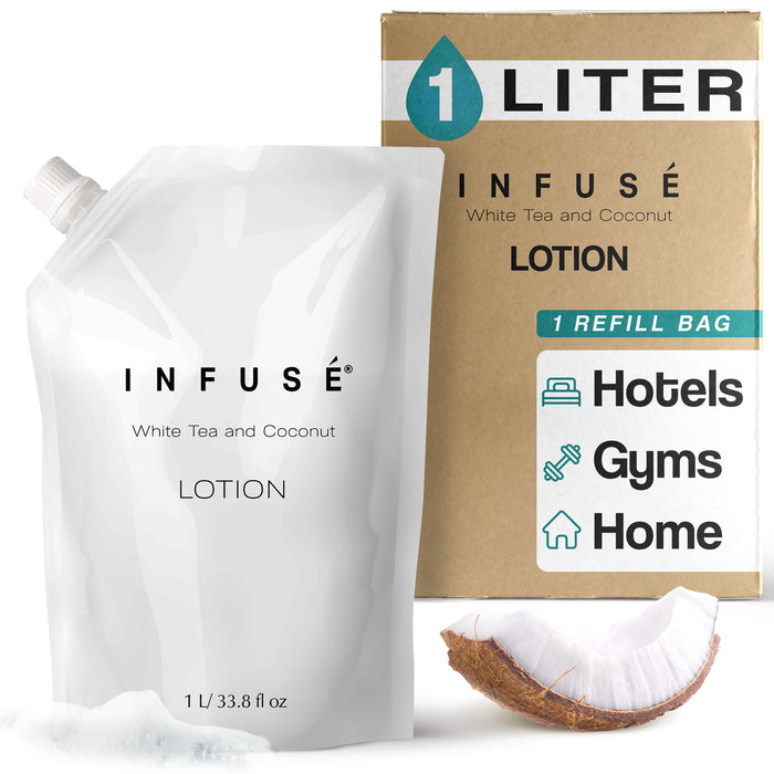 INFUSÉ 1 Liter Lotion Refill Bag For Soap Dispensers | Bulk Toiletries for Vacation Rentals, and Home Bathroom Showers | White Tea and Coconut | Single