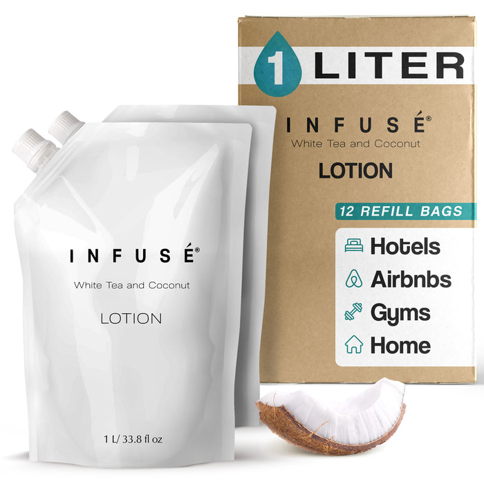 INFUSÉ 1 Liter Lotion Refill Bag For Soap Dispensers | Bulk Toiletries for Vacation Rentals, and Home Bathroom Showers | White Tea and Coconut | Set of 12