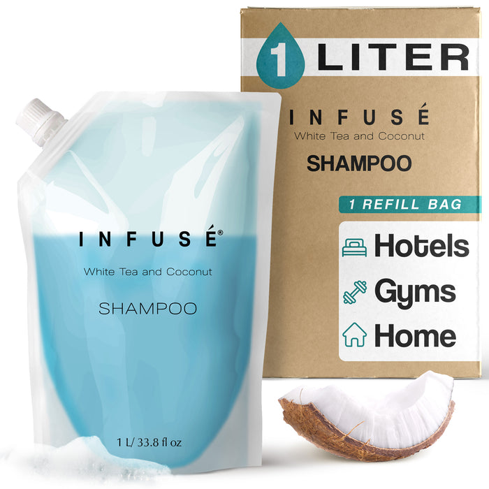 INFUSÉ 1 Liter Shampoo Refill Bag For Soap Dispensers | Bulk Toiletries for Vacation Rentals, and Home Bathroom Showers | White Tea and Coconut | Single