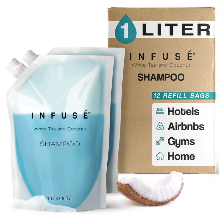 INFUSÉ 1 Liter Shampoo Refill Bag For Soap Dispensers | Bulk Toiletries for Vacation Rentals, and Home Bathroom Showers | White Tea and Coconut | Set of 12