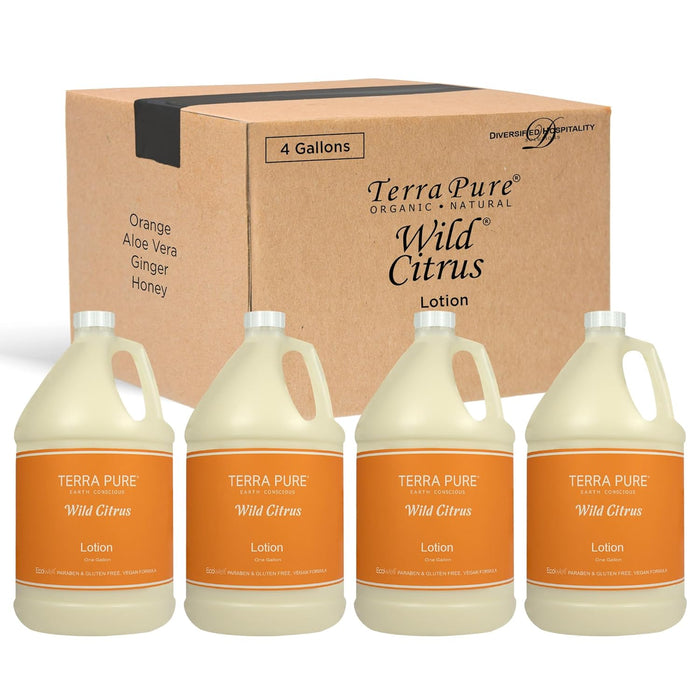 Terra Pure | Hotel Soaps and Toiletries Bulk Set | Lotion Gallon 128 oz | Designed to Refill Soap Dispensers | 4 Gallons