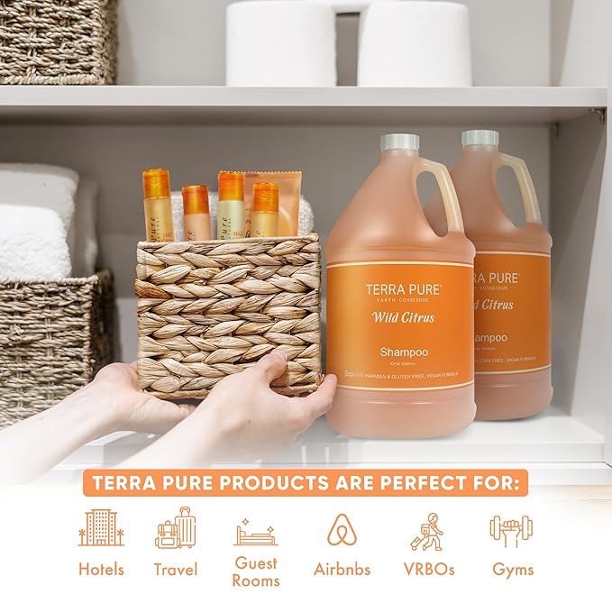Terra Pure | Hotel Soaps and Toiletries Bulk Set | Shampoo Gallon 128 oz | Designed to Refill Soap Dispensers | 4 Gallons