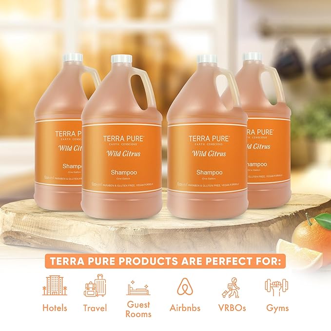 Terra Pure | Hotel Soaps and Toiletries Bulk Set | Shampoo Gallon 128 oz | Designed to Refill Soap Dispensers | 4 Gallons
