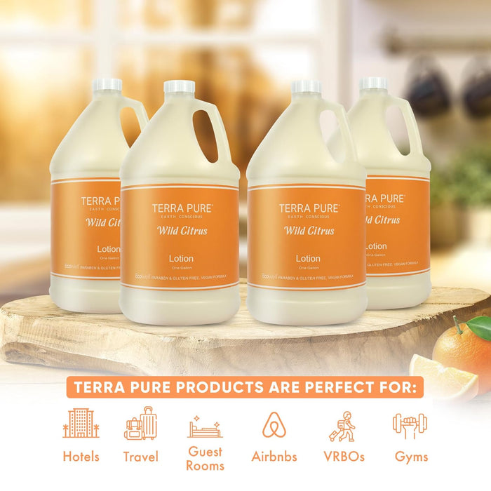 Terra Pure | Hotel Soaps and Toiletries Bulk Set | Lotion Gallon 128 oz | Designed to Refill Soap Dispensers | 4 Gallons