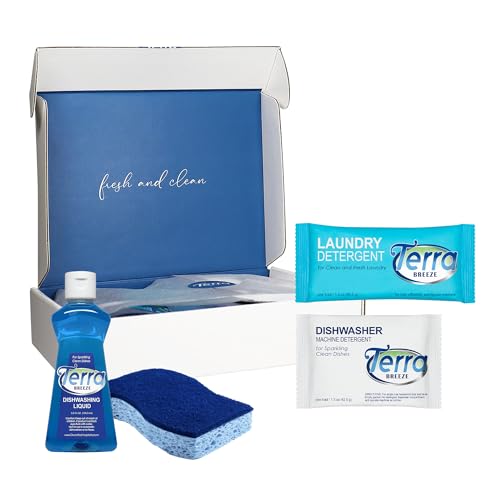 Terra Breeze Spa Bulk Set | Guest Box With A Sponge, A Bottle Of Liquid Dish Soap, A Packet Of Dishwasher Detergent Powder, A Packet Of High-Efficiency Laundry Detergent Powder | 20 Boxes