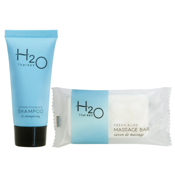 H2O Therapy Bulk Set | 1-Shoppe All-In-Kit Amenities for Hotels & Airbnb | 0.85 oz Hotel Massage Bar and Conditioning Shampoo Travel Size Tube | 100 Pieces
