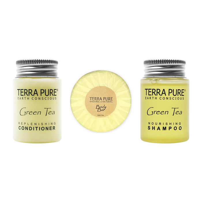 Terra Pure Green Tea Hotel Soaps and Toiletries Bulk Set|1-Shoppe All-In-Kit Amenities for Hotels & Airbnb|1 oz Hotel Shampoo & Conditioner, 1.25 oz Bar Soap Travel Size|150 Pieces