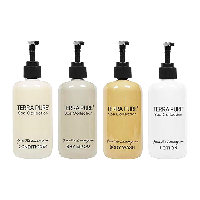 Terra Pure Spa Collection Amenities Set,10.14oz. Pumps |Shampoo, Conditioner, Hand/Body Wash, and Lotion (12 Cases with 4 Pieces Each Set | 48 Total Units)