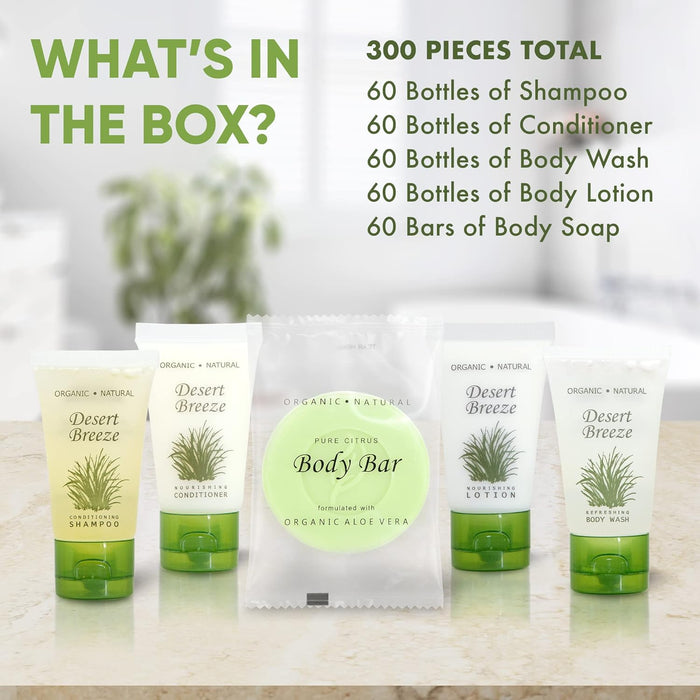 Desert Breeze Hotel Soaps and Toiletries Bulk Set | 1-Shoppe All-In-Kit Amenities for Hotels | 1oz Hotel Shampoo & Conditioner, Body Wash, Body Lotion & Bar Soap | Travel Size Toiletries 300 Pieces