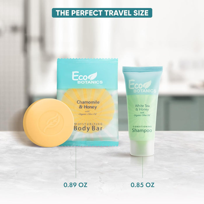 Eco Botanics Hotel Soaps and Toiletries Bulk Set | 1-Shoppe All-In-Kit Amenities for Hotels & Airbnb | 0.85 Conditioning Shampoo & 0.89 oz Bar Soap Travel Size | 100 pieces