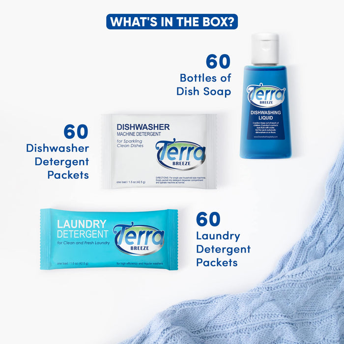 Travel Laundry Detergent & Dish Soap | Terra Breeze 1-Shoppe All-In-Kit Bulk Hotel Size Amenities for AirBnB & Rentals | Dishwashing Liquid, Dishwasher Detergent & Premeasured Laundry Soap | 180 Pcs