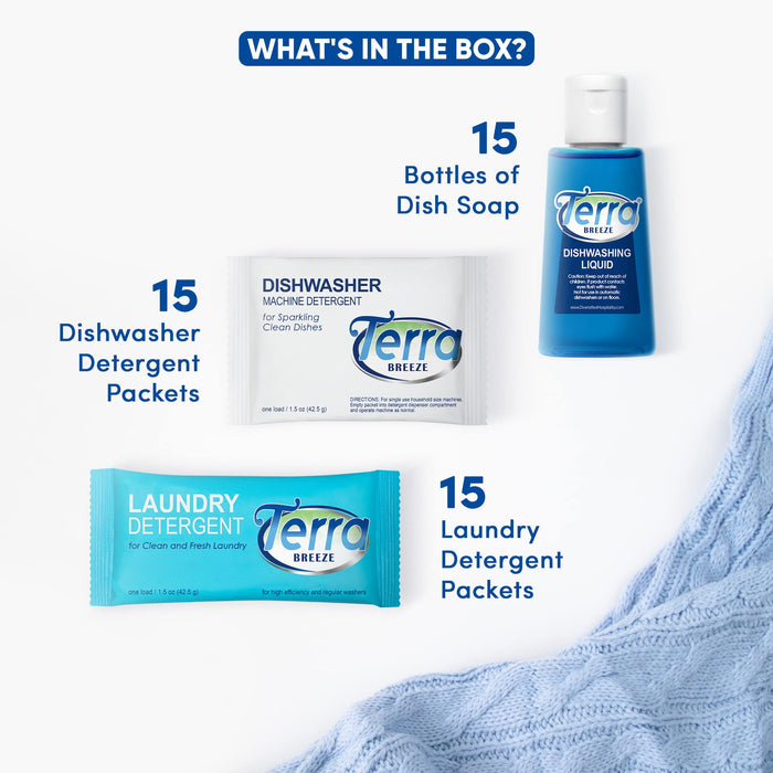 Travel Laundry Detergent & Dish Soap | Terra Breeze 1-Shoppe All-In-Kit Bulk Hotel Size Amenities for AirBnB & Rentals | 45 Pcs