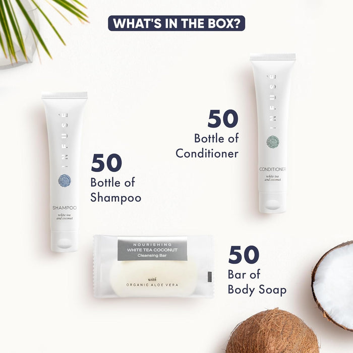 Infuse Hotel Soaps and Toiletries Bulk Set | 1-Shoppe All-In-Kit Amenities for Hotels & Airbnb | 1 oz Hotel Shampoo & Conditioner, 40 grams Bar Soap Travel Size | 150 Pieces