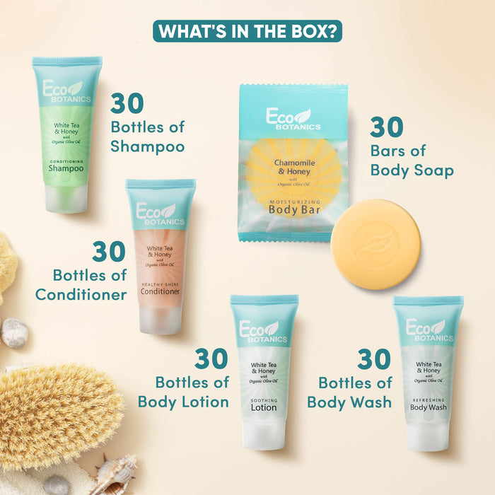 Eco Botanics Hotel Soaps and Toiletries Bulk Set | 1-Shoppe All-In-Kit Amenities for Hotels | 0.85oz Hotel Shampoo & Conditioner, Body Wash, Body Lotion & 0.89oz Bar Soap Travel Size | 150 Pieces