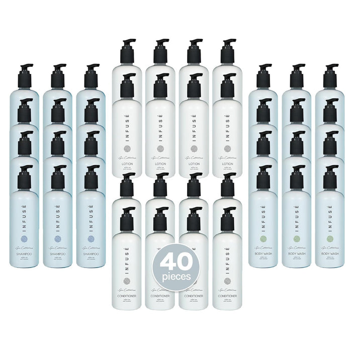 1-Shoppe Aquavera 40 Piece Ecobox All-In-Kit | White Tea and Coconut Soap | 12 Shampoo, 8 Conditioner, 12 Body Wash & 8 Lotion | 10oz Hotel Soaps and Toiletries Bulk | Personal Care Products