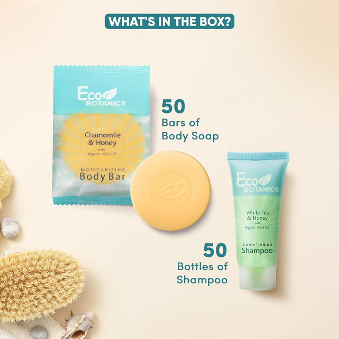 Eco Botanics Hotel Soaps and Toiletries Bulk Set | 1-Shoppe All-In-Kit Amenities for Hotels & Airbnb | 0.85 Conditioning Shampoo & 0.89 oz Bar Soap Travel Size | 100 pieces