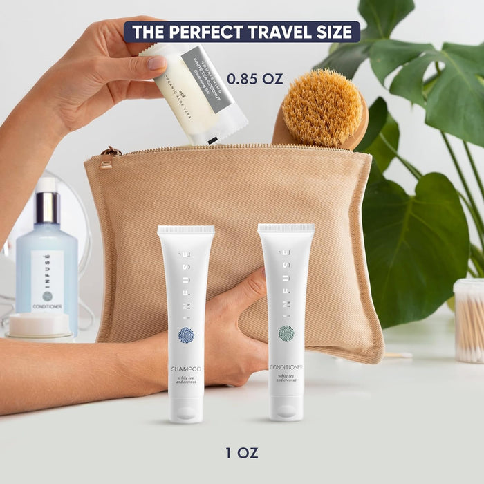 Infuse Hotel Soaps and Toiletries Bulk Set | 1-Shoppe All-In-Kit Amenities for Hotels & Airbnb | 1 oz Hotel Shampoo & Conditioner, 40 grams Bar Soap Travel Size | 150 Pieces