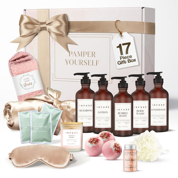 17-Piece Luxury Gift Set with Robe | Complete INFUSÉ White Tea & Coconut Bath Collection | Self-Care Kit with Bath Bombs, Face Masks & Hair Care