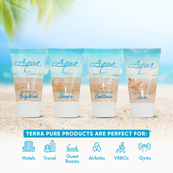 Aqua Organics 1.0 oz. Toiletries Set | 1-Shoppe All-In-Kit Amenities For Hotels, Airbnb & Rentals | Hotel Shampoo & Conditioner, Body Wash, Body Lotion | 80 Piece Travel Set