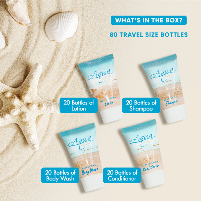 Aqua Organics 1.0 oz. Toiletries Set | 1-Shoppe All-In-Kit Amenities For Hotels, Airbnb & Rentals | Hotel Shampoo & Conditioner, Body Wash, Body Lotion | 80 Piece Travel Set