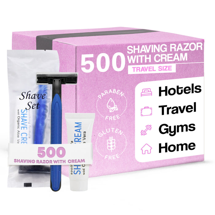 Double Blade Shaving Razor with Shave Cream, Disposable Hotel Kit (Case of 500) Twin Blade, Single Use