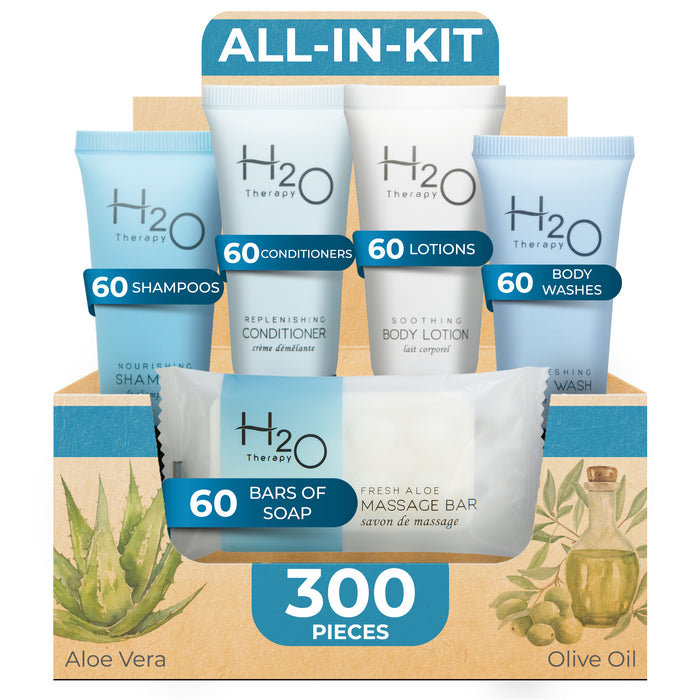 H2O Therapy Hotel Soaps and Toiletries Bulk Set | 1-Shoppe All-In-Kit Amenities for Hotels & Airbnb | .85oz Hotel Shampoo & Conditioner, Body Wash, Body Lotion & 1 oz Bar Soap Travel Size | 300 Pieces