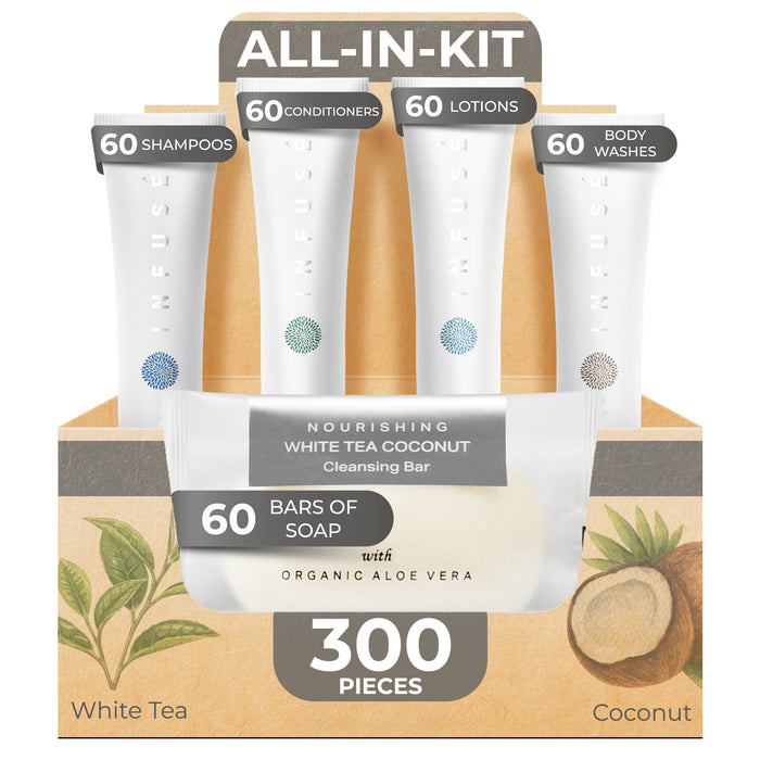 Infuse Pure White Tea and Coconut Hotel Soaps and Toiletries Bulk Set | 1-Shoppe All-In-Kit for Hotels | 1oz Shampoo & Conditioner, Body Wash, Lotion & 1.25oz Bar Soap | Travel Size 300 Pieces