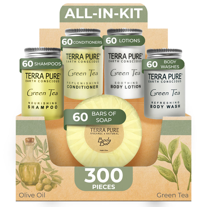 Terra Pure Hotel Soaps and Toiletries Bulk Set | 1-Shoppe All-In-Kit Amenities for Hotels | 1oz Hotel Shampoo & Conditioner, Body Wash, Body Lotion & 1.25oz Bar Soap Travel Size | 300 Pieces