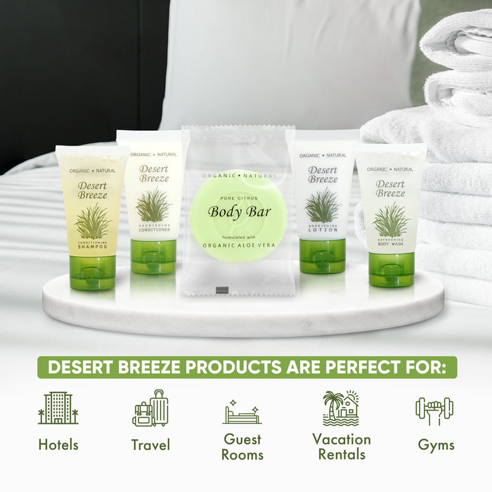 Desert Breeze Hotel Soaps and Toiletries Bulk Set | 1-Shoppe All-In-Kit Amenities for Hotels | 1oz Hotel Shampoo & Conditioner, Body Wash, Body Lotion & Bar Soap | Travel Size Toiletries 300 Pieces