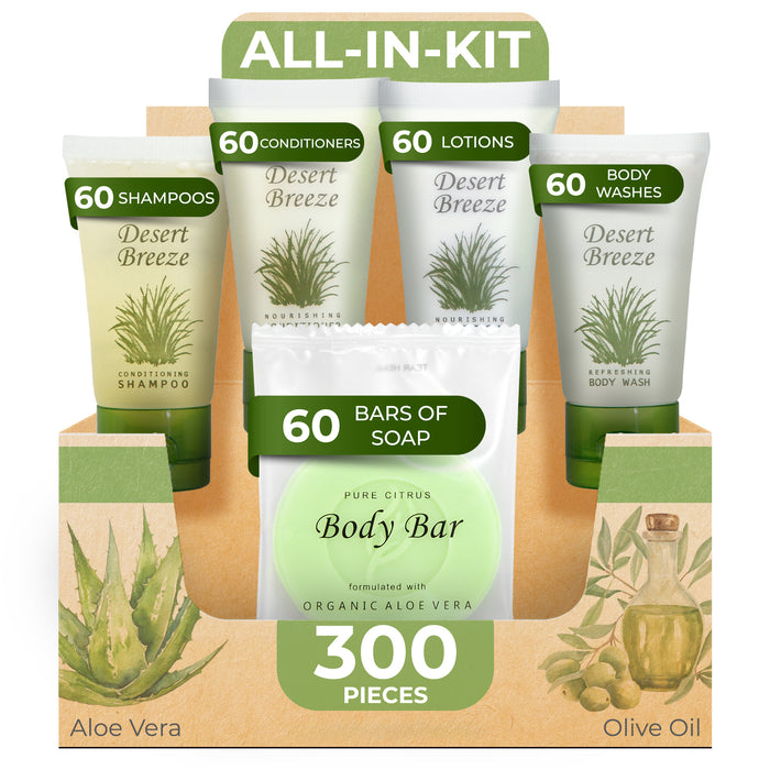 Desert Breeze Hotel Soaps and Toiletries Bulk Set | 1-Shoppe All-In-Kit Amenities for Hotels | 1oz Hotel Shampoo & Conditioner, Body Wash, Body Lotion & Bar Soap | Travel Size Toiletries 300 Pieces