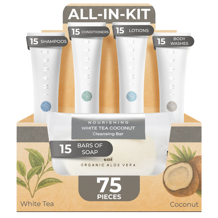 Infuse White Tea and Coconut Hotel Soaps and Toiletries Bulk Set | 1-Shoppe All-In-Kit for Hotels | 1oz Shampoo & Conditioner, Body Wash, Lotion & 1.25oz Bar Soap | Travel Size Toiletries 75 Pieces