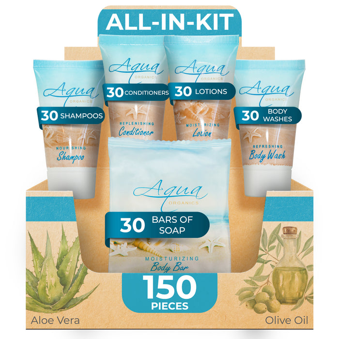 Aqua Organics Hotel Soaps and Toiletries Bulk Set | 1-Shoppe All-In-Kit Amenities for Hotels & Airbnb | 1oz Hotel Shampoo & Conditioner, Body Wash, Body Lotion & 1oz Bar Soap Travel Size | 150 Pieces