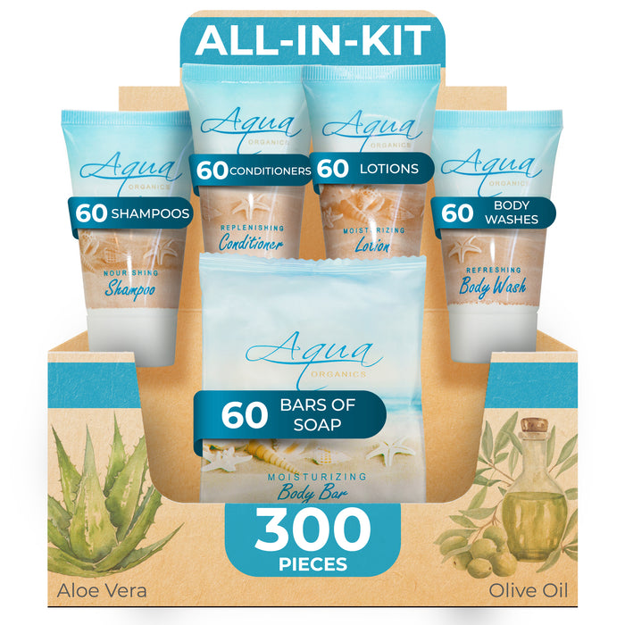 Aqua Organics Hotel Soaps and Toiletries Bulk Set | 1-Shoppe All-In-Kit Amenities for Hotels & Airbnb | 1oz Hotel Shampoo & Conditioner, Body Wash, Body Lotion & 1oz Bar Soap Travel Size | 300 Pieces