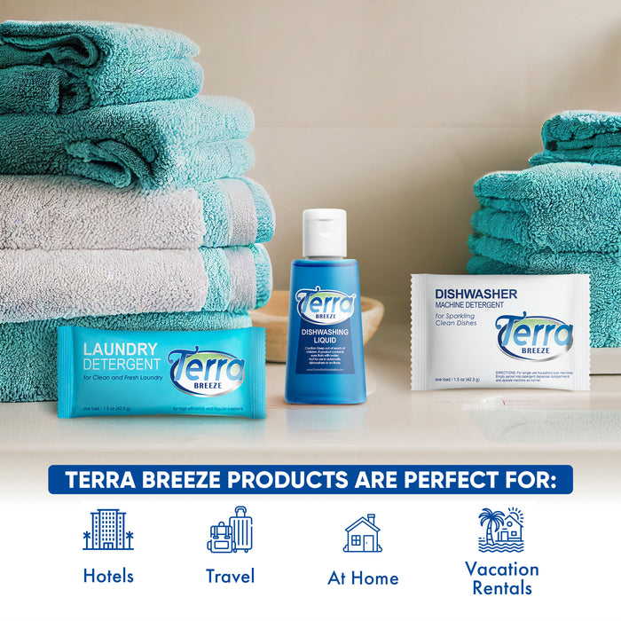 Travel Laundry Detergent & Dish Soap | Terra Breeze 1-Shoppe All-In-Kit Bulk Hotel Size Amenities for AirBnB & Rentals | Dishwashing Liquid, Dishwasher Detergent & Premeasured Laundry Soap | 180 Pcs