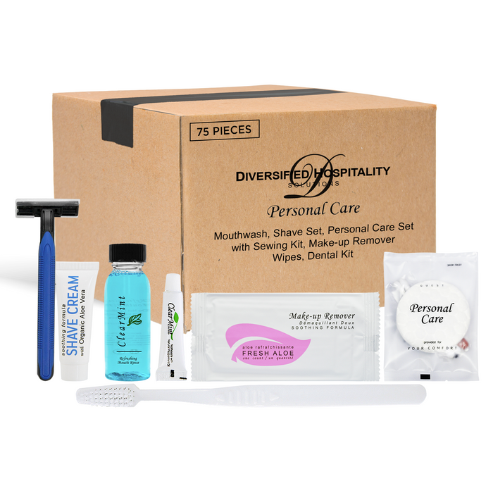 Personal Care Travel Size Toiletries | 1-Shoppe All-in-Kit Hotel Amenities Bulk | Travel Shaving Set, Toothbrush & Paste, Mouthwash, Makeup Wipes, Swabs, Nail File & Sewing Kit | 75 Pcs