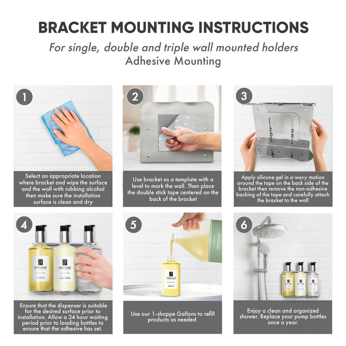 Triple Wall Mounted Shower Dispenser Bracket | Holds 3 Retail Size Hotel Amenities | Stainless Steel | 10.14 oz. (Single Bracket)