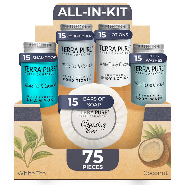 Terra Pure White Tea and Coconut Hotel Soaps and Toiletries Bulk Set | 1-Shoppe All-In-Kit for Hotels | 1oz Shampoo & Conditioner, Body Wash, Lotion & 1.25oz Bar Soap | Travel Size Toiletries 75 Pieces