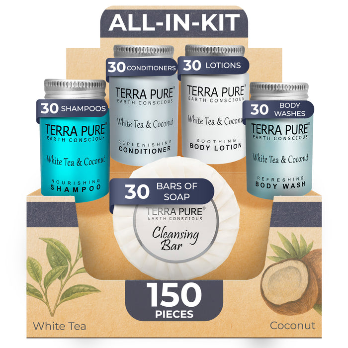 Terra Pure White Tea and Coconut Hotel Soaps and Toiletries Bulk Set | 1-Shoppe All-In-Kit for Hotels | 1oz Shampoo & Conditioner, Body Wash, Lotion & 1.25oz Bar Soap | Travel Size Toiletries 150 Pieces