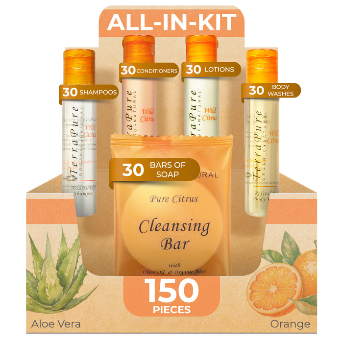 Terra Pure Wild Citrus Hotel Soaps and Toiletries Bulk Set | 1-Shoppe All-In-Kit for Hotels | 1oz Shampoo & Conditioner, Body Wash, Lotion & 1.25oz Bar Soap | Travel Size Toiletries 150 Pieces