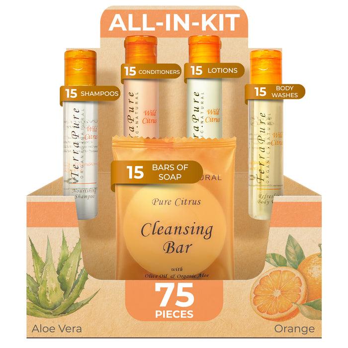 Terra Pure Wild Citrus Hotel Soaps and Toiletries Bulk Set | 1-Shoppe All-In-Kit for Hotels | 1oz Shampoo & Conditioner, Body Wash, Lotion & 1.25oz Bar Soap | Travel Size Toiletries 75 Pieces