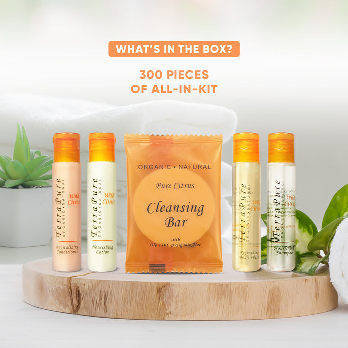 Terra Pure Wild Citrus Hotel Size Toiletries Set | All-In-Kit Amenities For Hotels, Airbnb & Rentals | 1 oz Hotel Shampoo & Conditioner, Body Wash, Lotion & 1 oz Bar Soap | (300 pieces)
