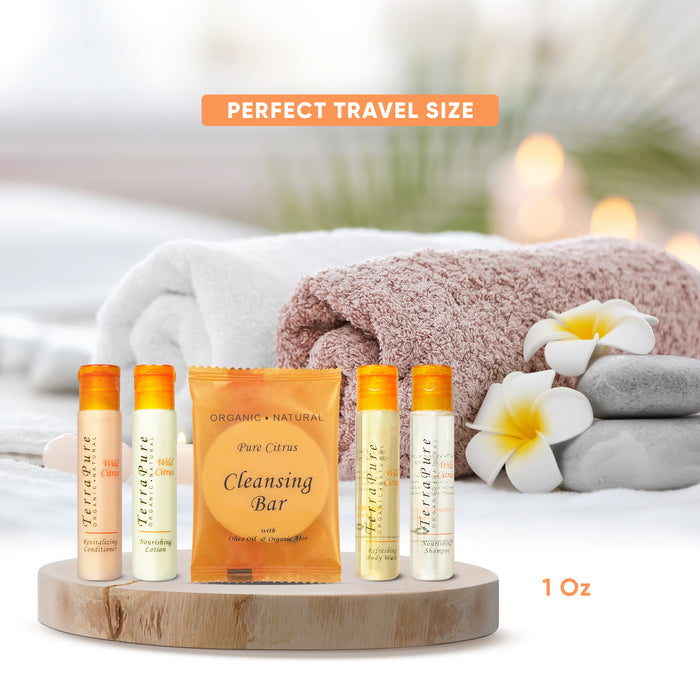 Terra Pure Wild Citrus Hotel Size Toiletries Set | All-In-Kit Amenities For Hotels, Airbnb & Rentals | 1 oz Hotel Shampoo & Conditioner, Body Wash, Lotion & 1 oz Bar Soap | (300 pieces)
